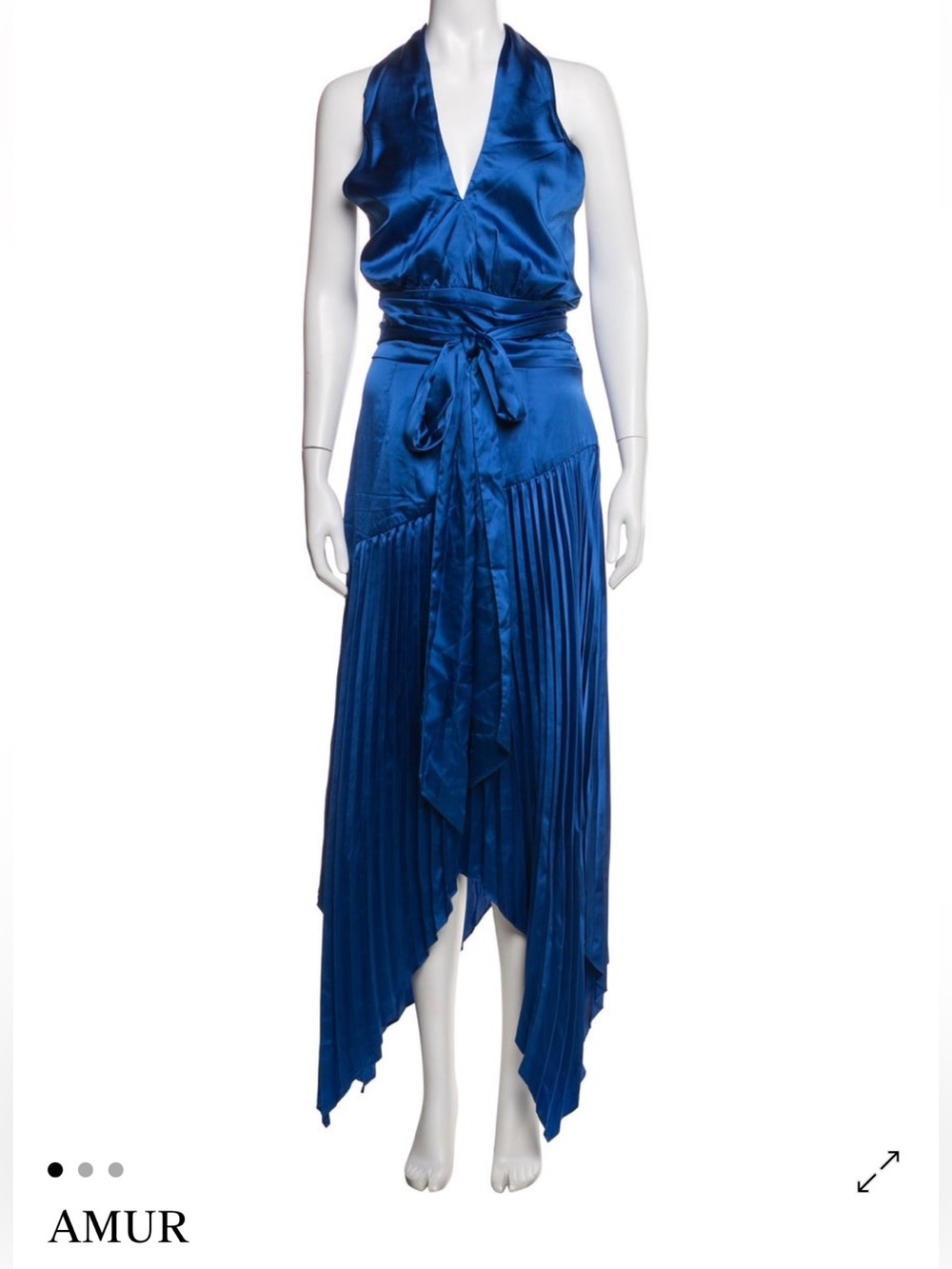 AMUR Royal Blue Pleated Asymmetric Skirt with Self-Tie Waist